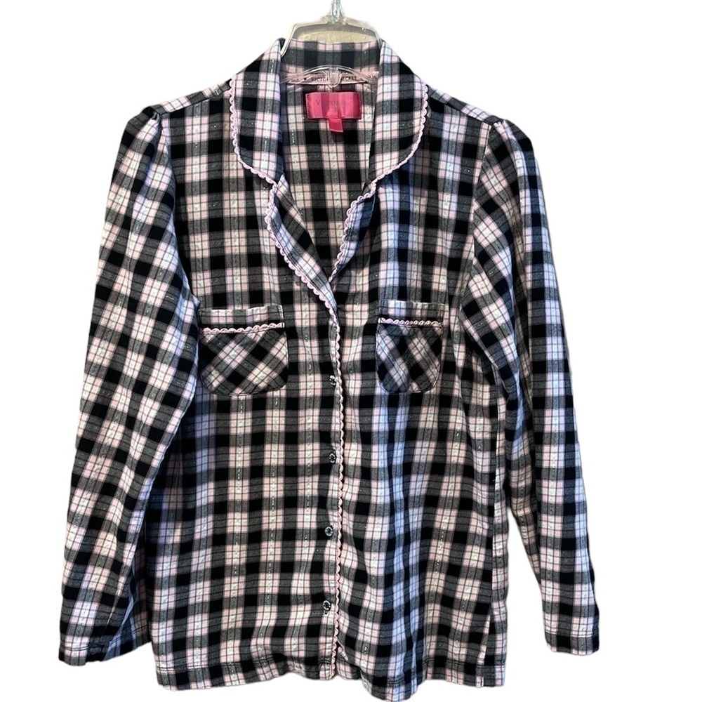 Victoria Secret Pajama Top black white pink plaid roll tabs sleeves Size S